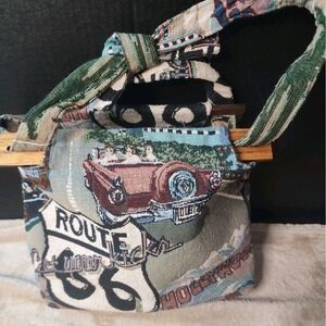 Handbag Tapestry Travel Women Multicolor Rt 66 10x13x4 NWOT RSC